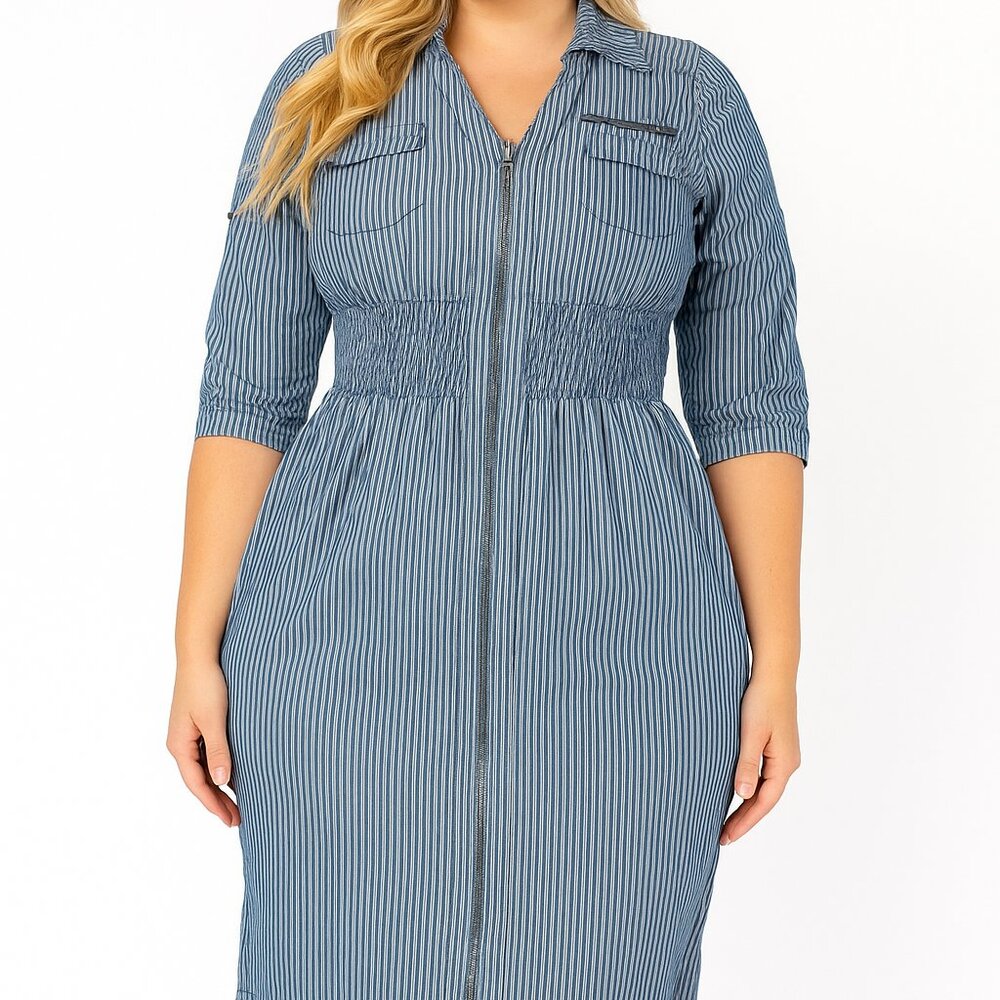 J Gee Striped A-Line Skater Dress Full Zipper Midi Length Smocked Waist Large